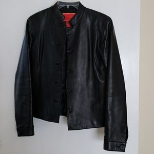 Black leather short jacket mandarin collar